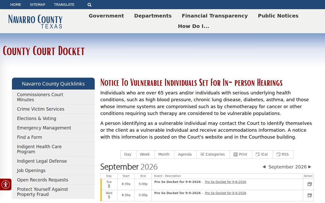 Navarro County court dates calendar and docket controls