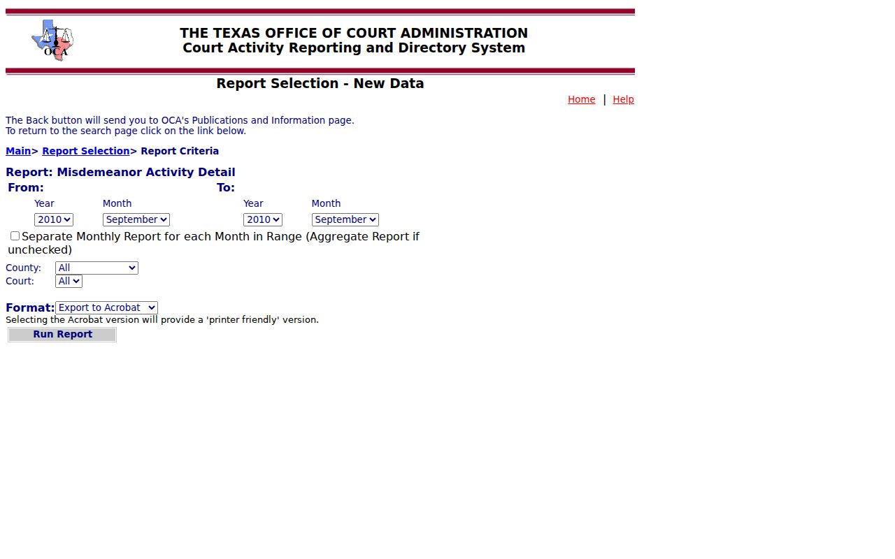 Texas OCA felony activity report criteria for Navarro County court data