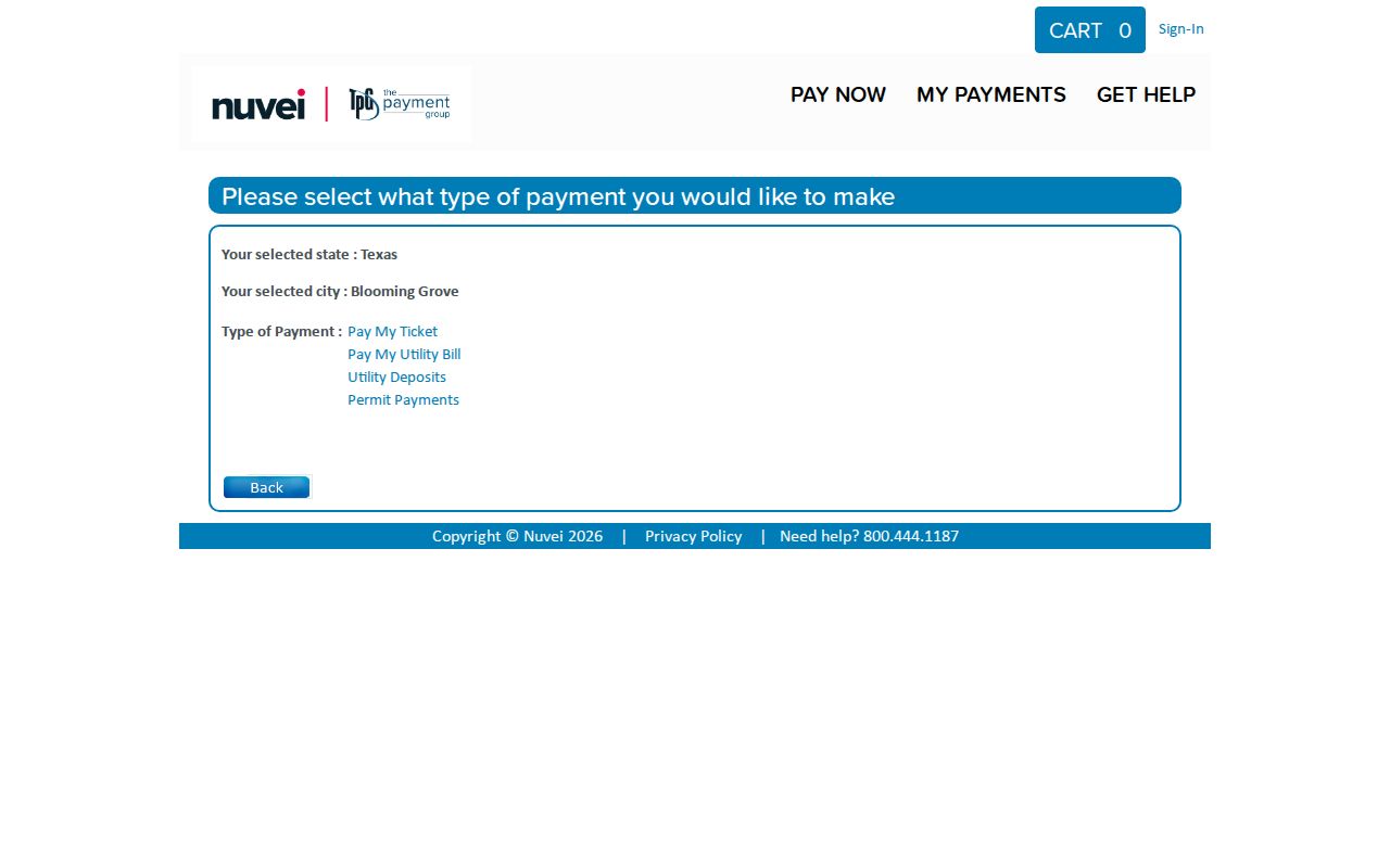 Blooming Grove court docket payment service selection menu