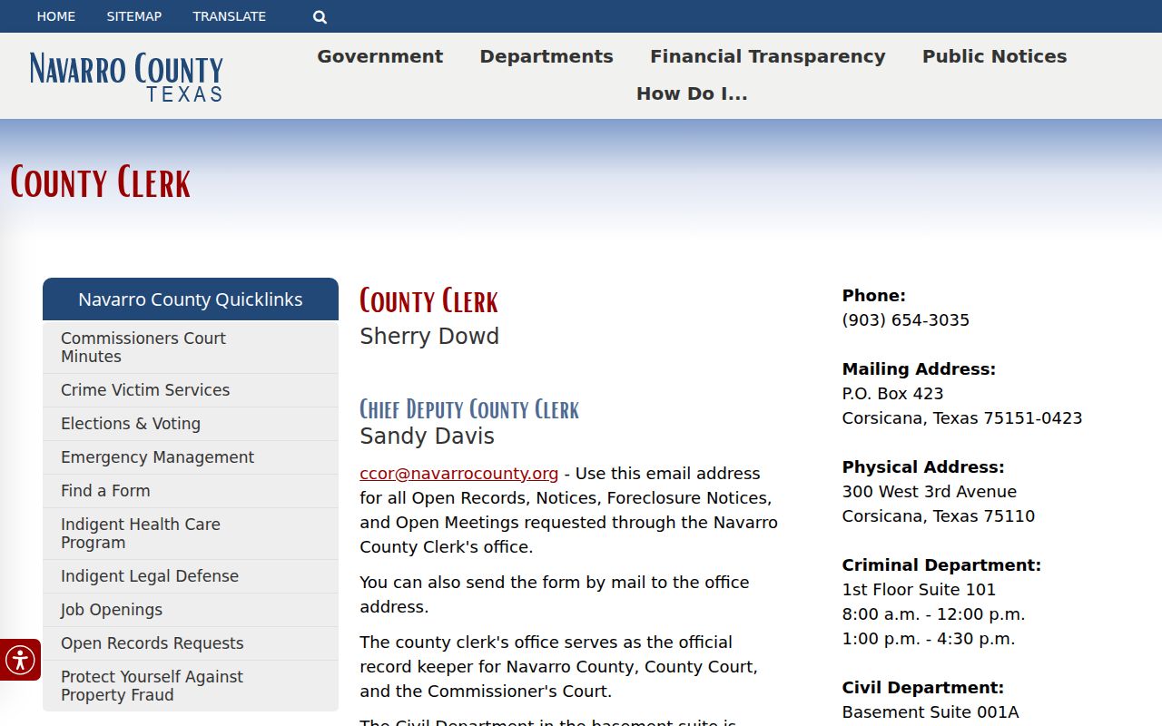 Navarro County Clerk page with public record categories and access links